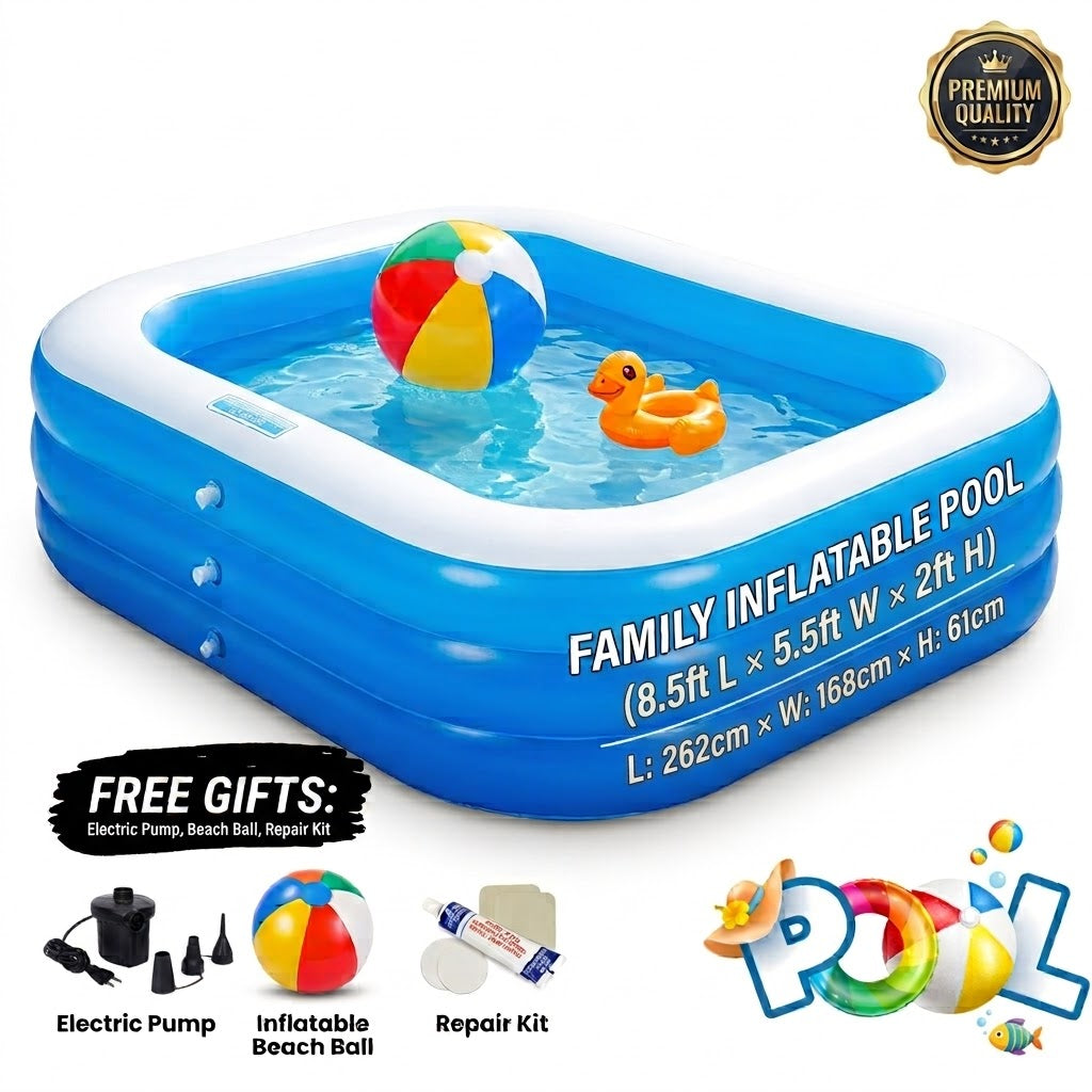 Family Inflatable Swimming Pool Set - 8.5ft L × 5.5ft W × 2ft H