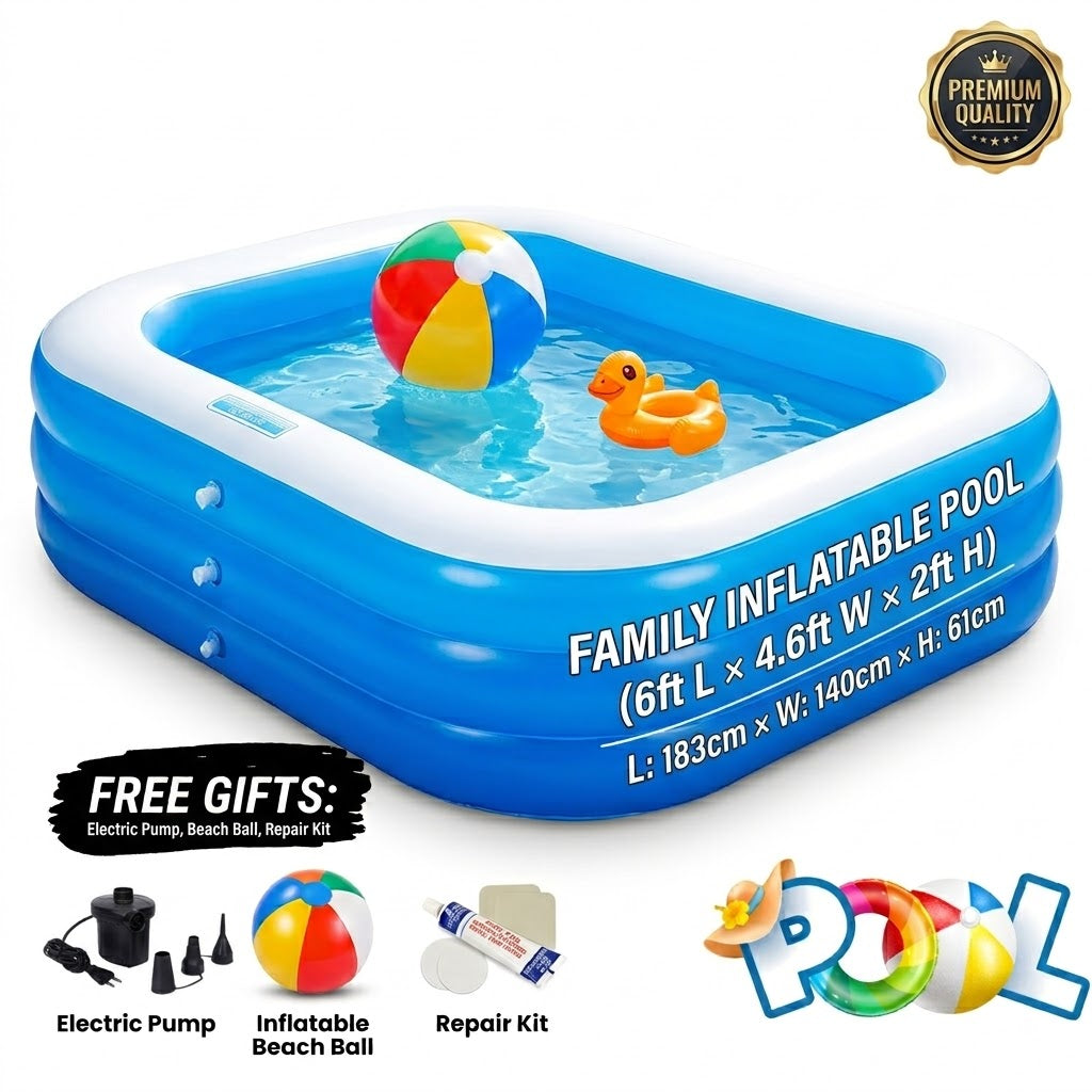 Family Inflatable Swimming Pool Set - 6ft L × 4.6ft W × 2ft H