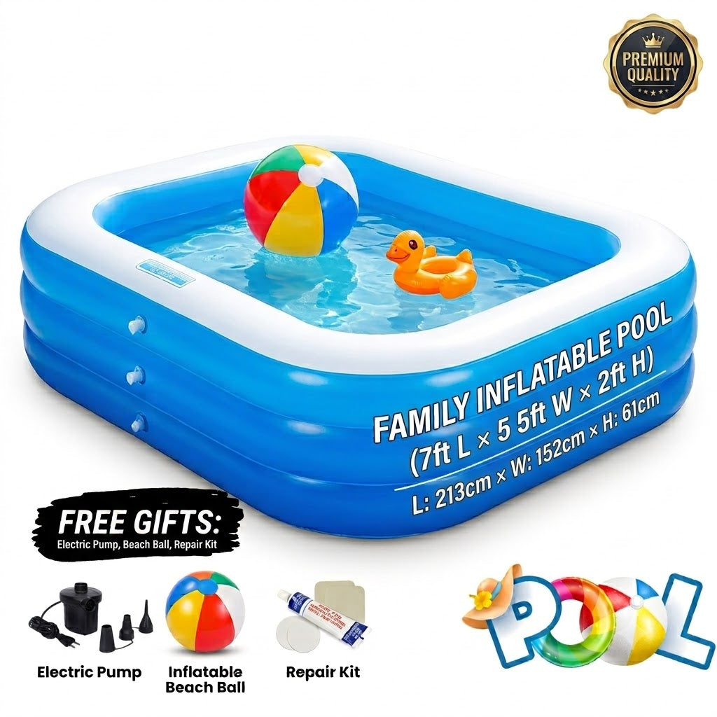 Family Inflatable Swimming Pool Set - 7ft L × 5ft W × 2ft H