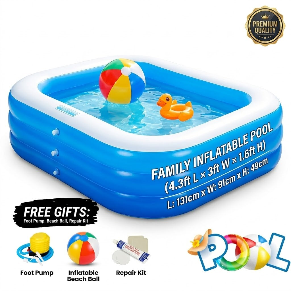 Family Inflatable Swimming Pool Set -  4.3ft L × 3ft W × 1.6ft H