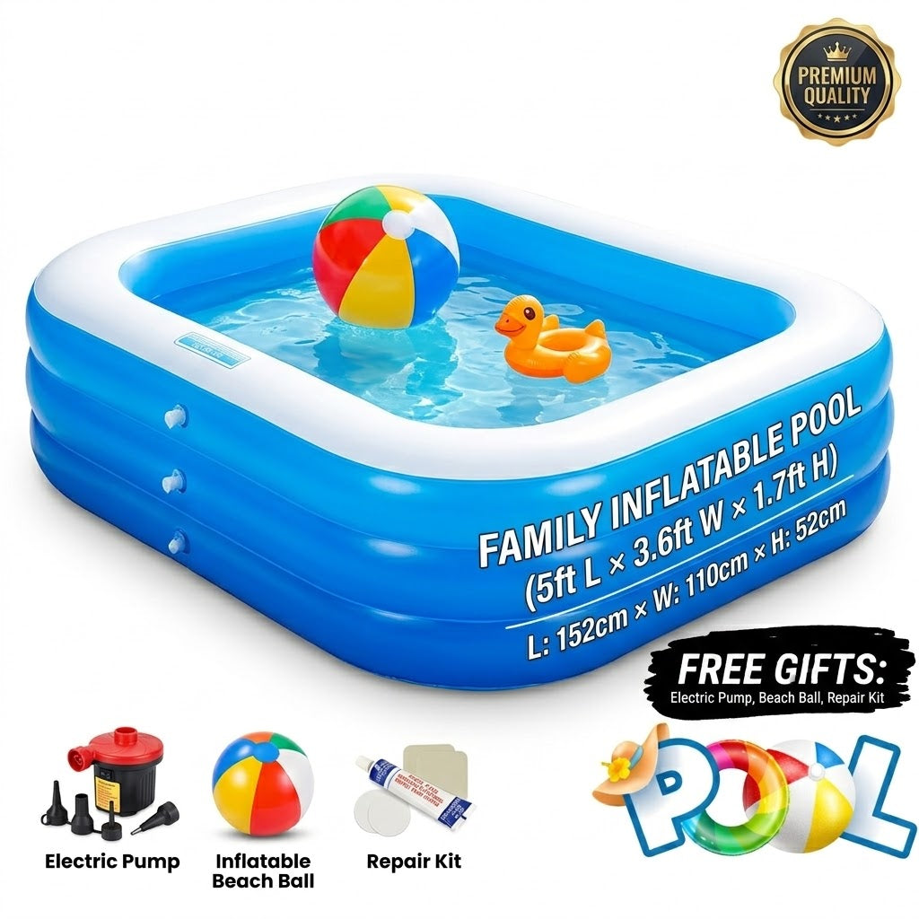Family Inflatable Swimming Pool Set - 5ft L × 3.6ft W × 1.7ft H